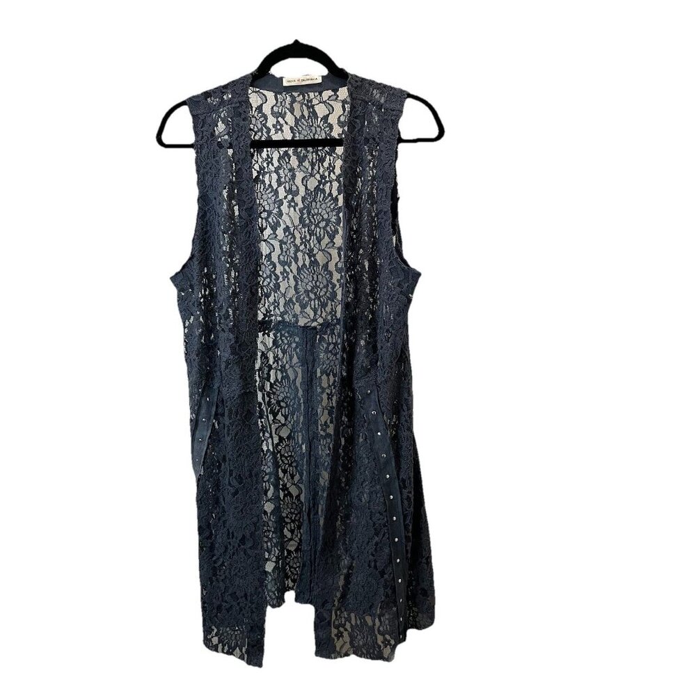 Voice Of California Blue Open Front Lace Studded Floral Jacket Vest Size XL